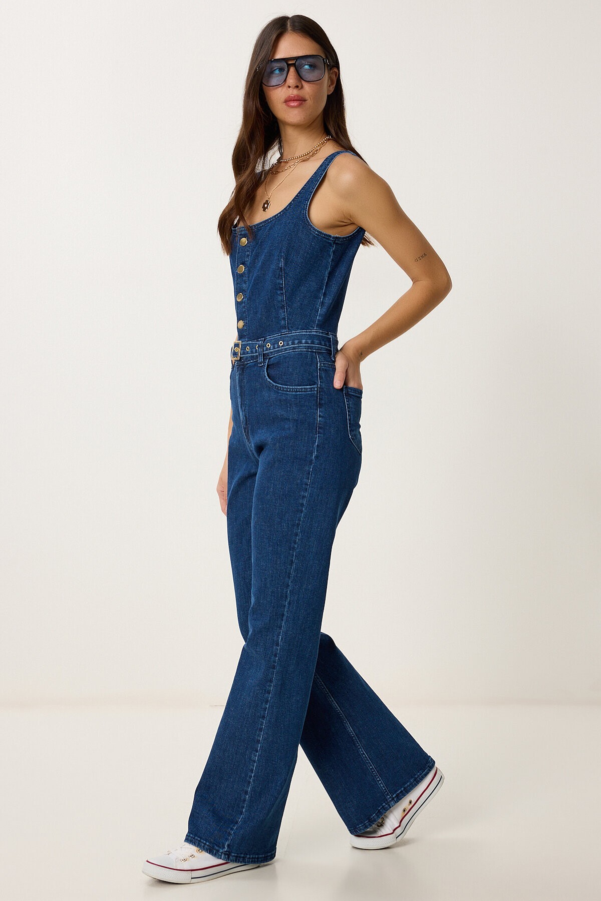 Askılı Kemerli Denim Tulum KOYU MAVİ LVW0001