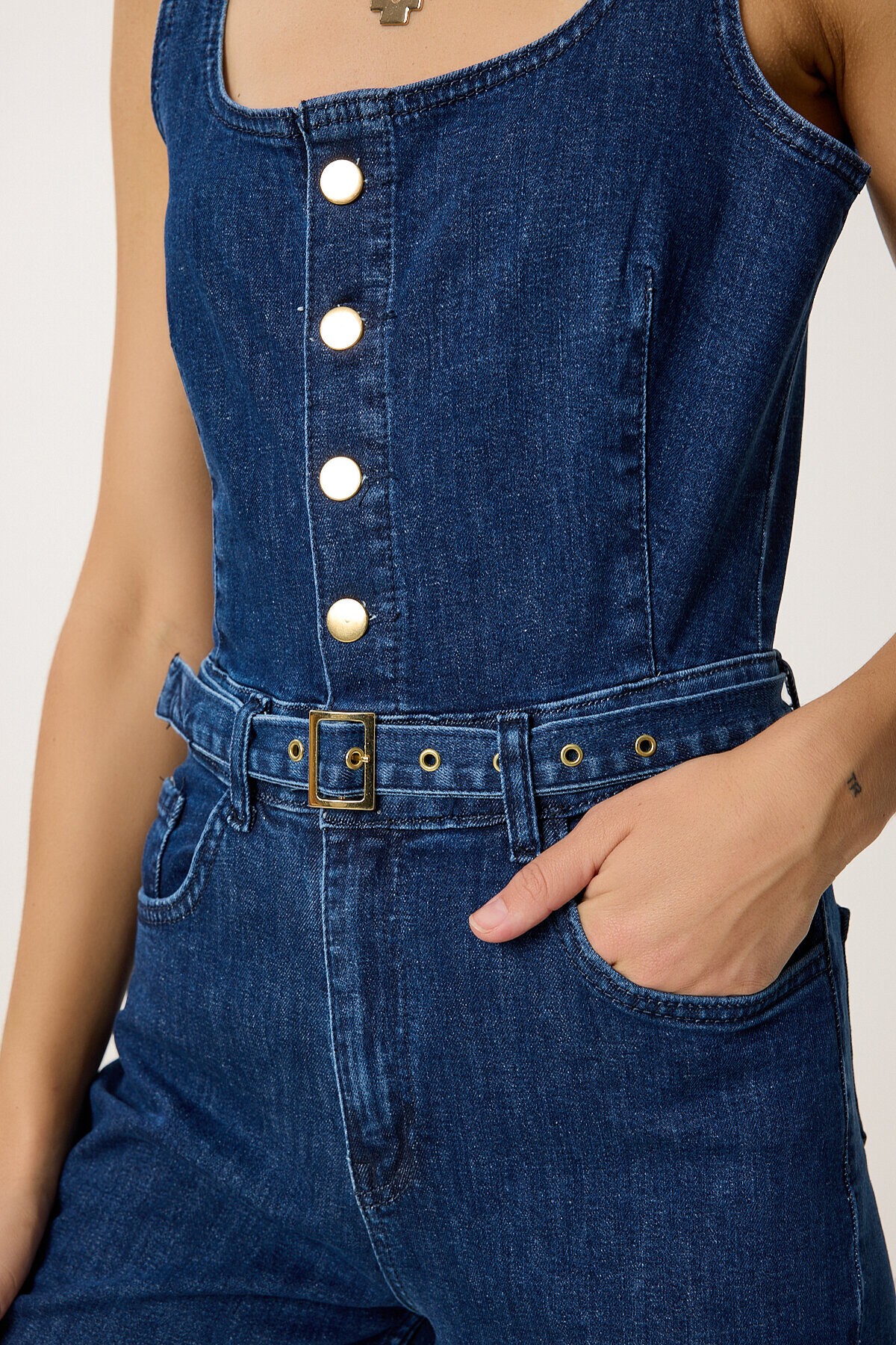Askılı Kemerli Denim Tulum KOYU MAVİ LVW0001