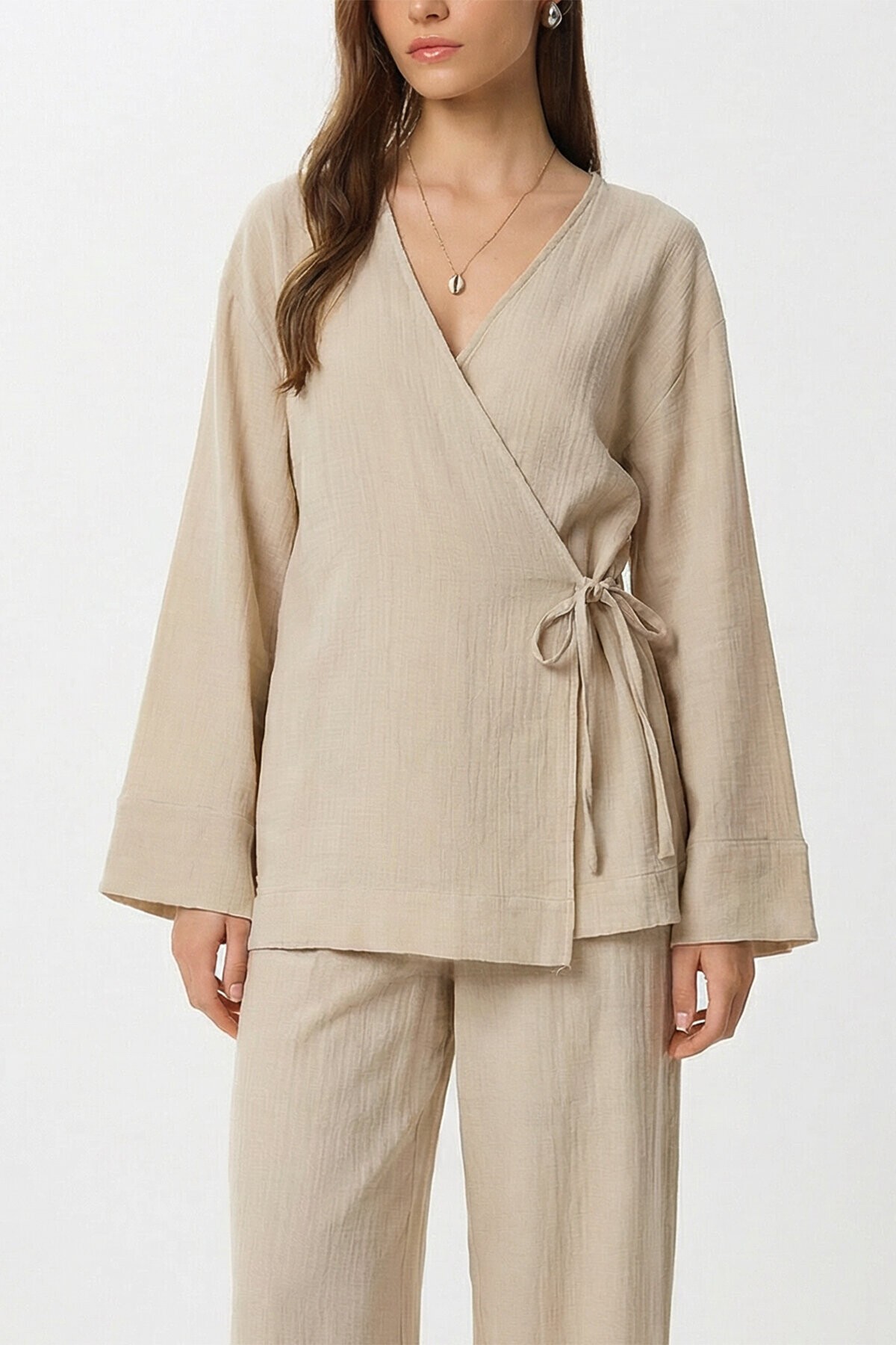 Bağlama Detaylı Müslin Kimono Takım BEJ LZH0020