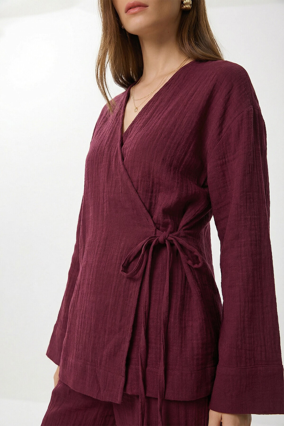 Bağlama Detaylı Müslin Kimono Takım BORDO LZH0020