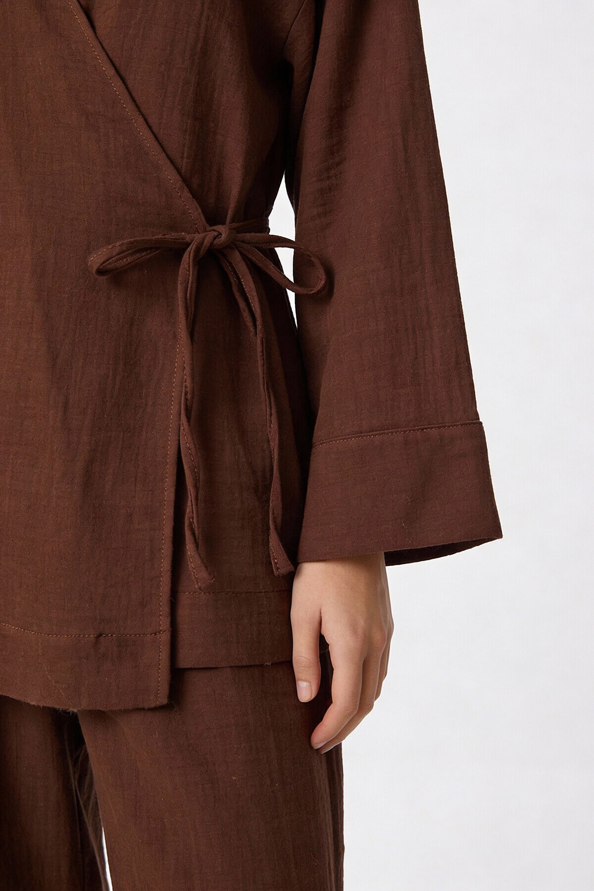 Bağlama Detaylı Müslin Kimono Takım KAHVERENGİ LZH0020