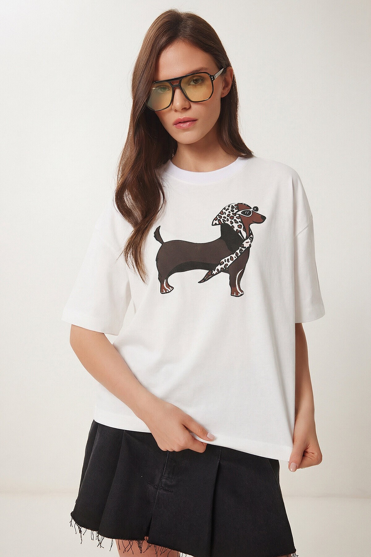 Baskılı Oversize Örme T-shirt BEYAZ LZV0062