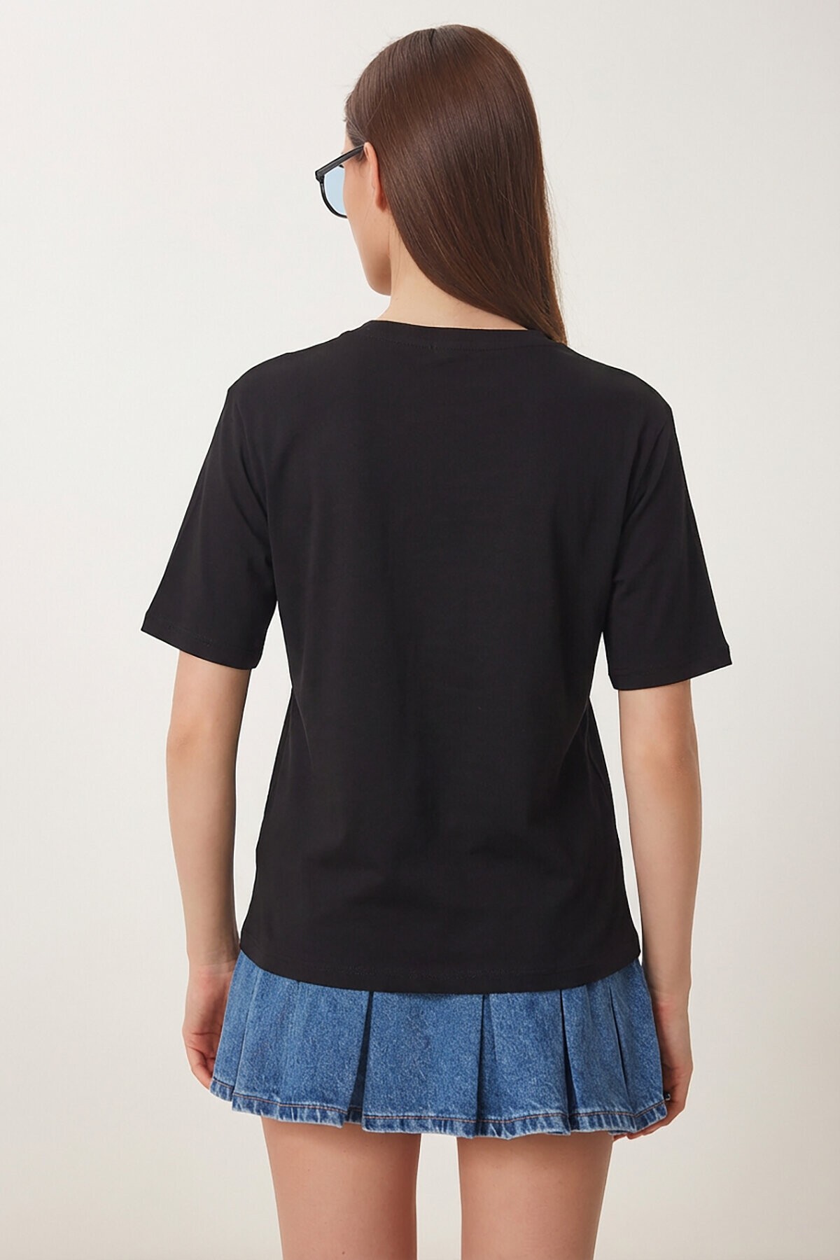 Baskılı Oversize Örme T-shirt SİYAH LZV0062