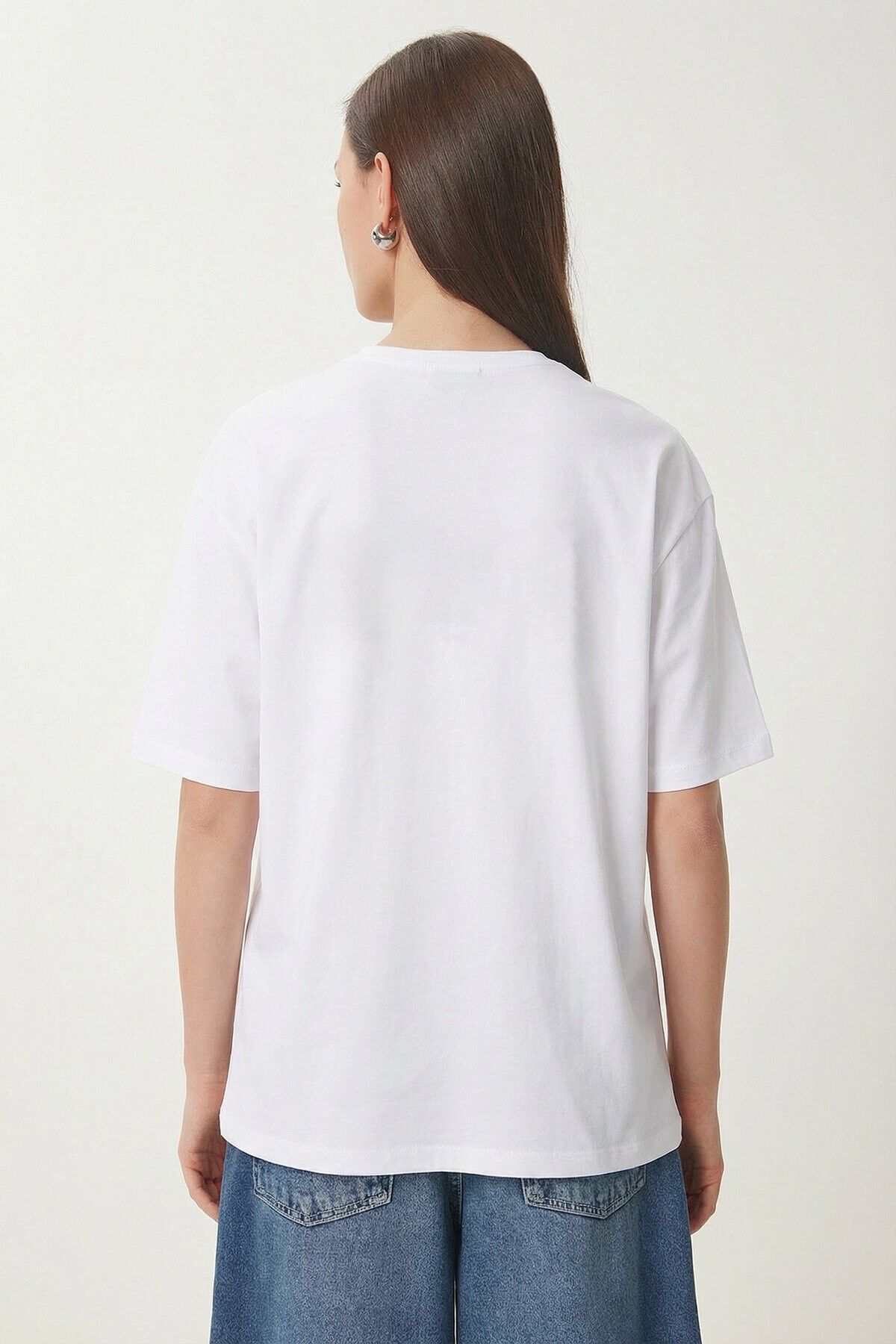 Baskılı Oversize Pamuklu Örme T-shirt BEYAZ LZE0003