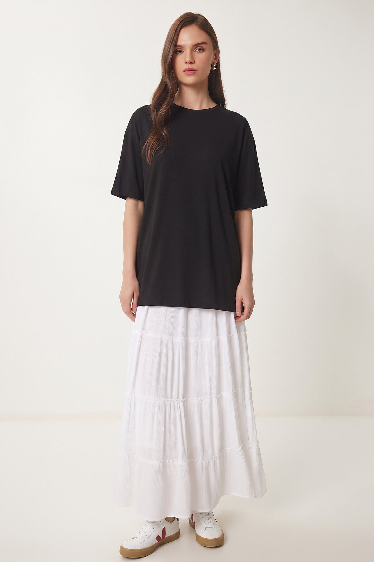 Bisiklet Yaka Oversize Uzun T-shirt SİYAH LRN0052