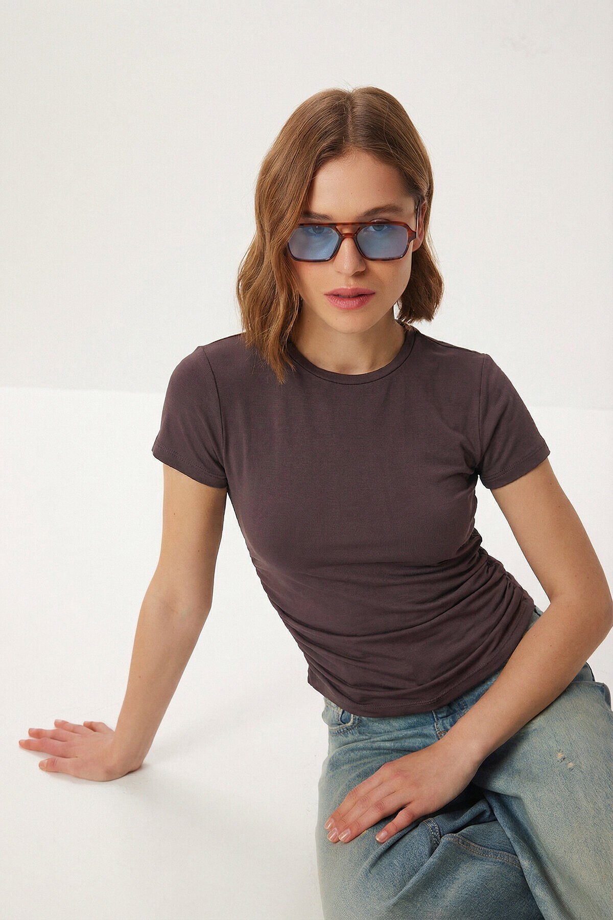 Büzgülü Sandy Örme Bluz KOYU MÜRDÜM LZE0020