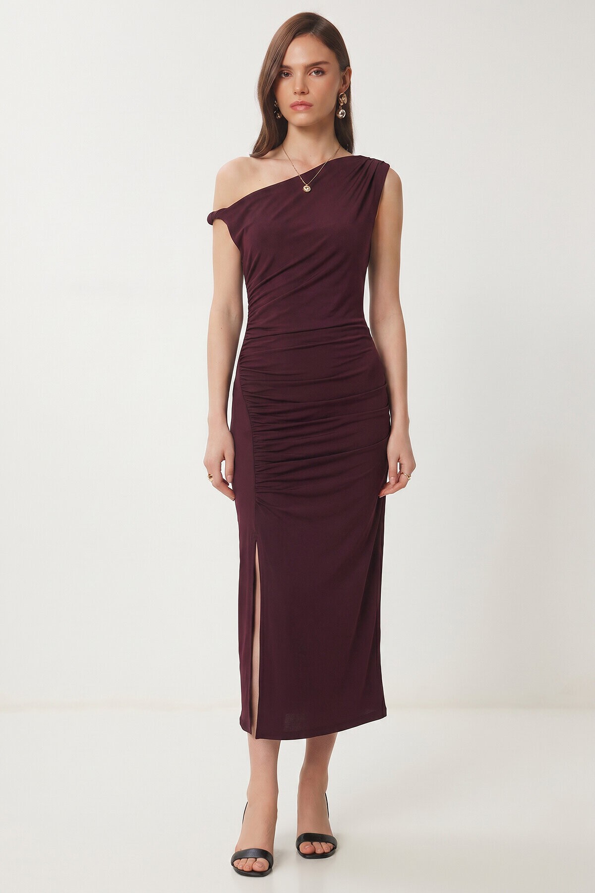 Büzgülü Yazlık Sandy Örme Elbise MÜRDÜM LFW0021