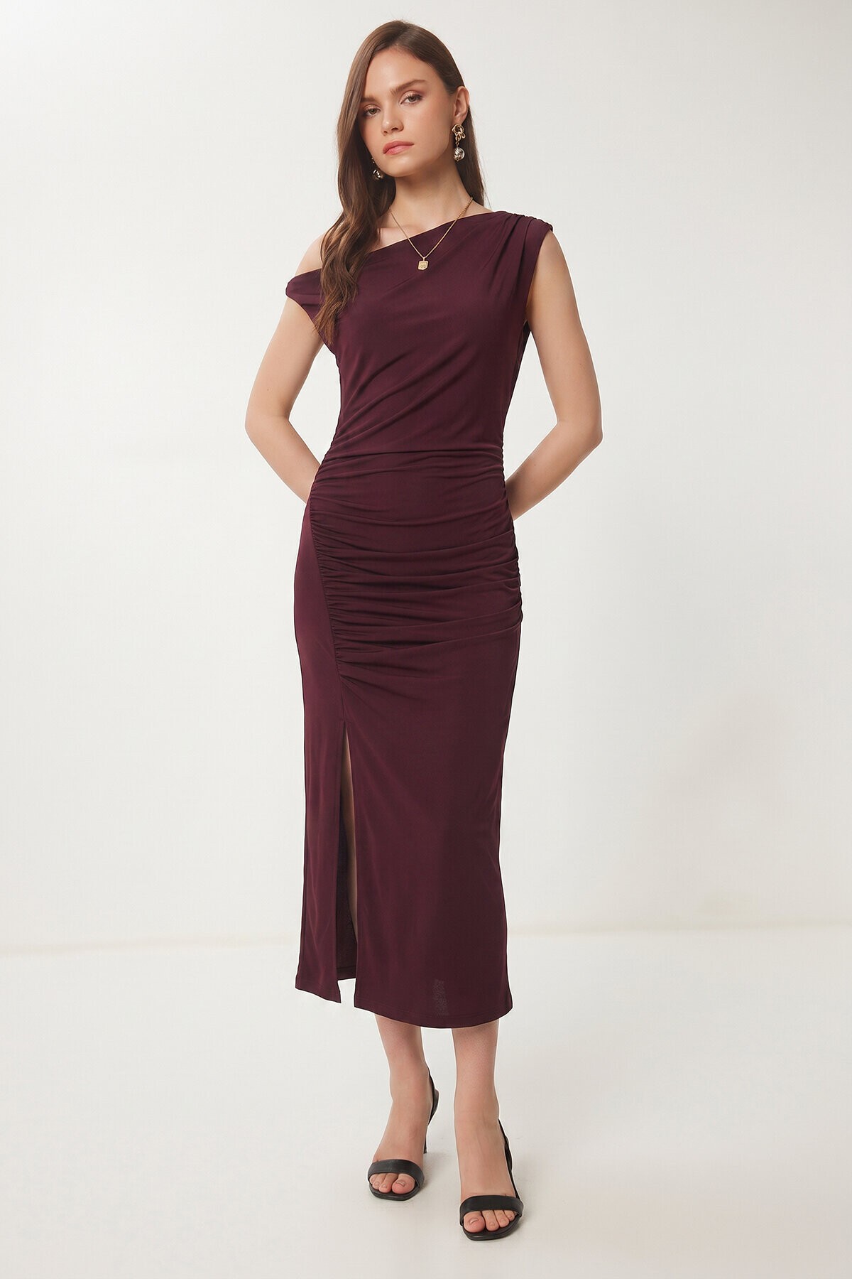 Büzgülü Yazlık Sandy Örme Elbise MÜRDÜM LFW0021
