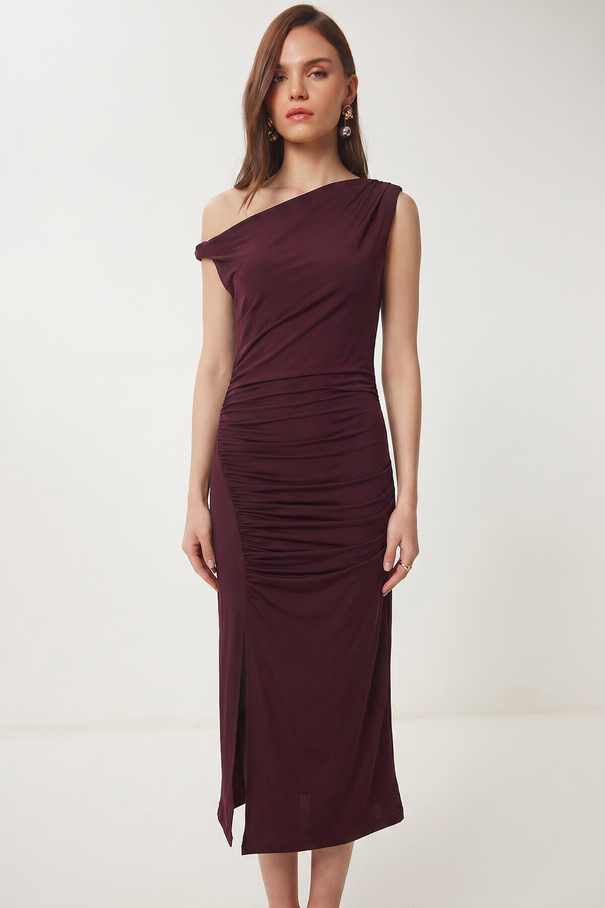 Büzgülü Yazlık Sandy Örme Elbise MÜRDÜM LFW0021