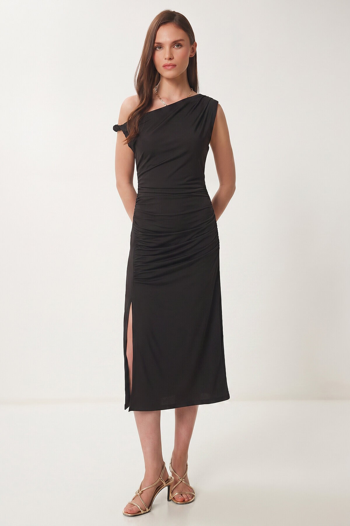 Büzgülü Yazlık Sandy Örme Elbise SİYAH LFW0021