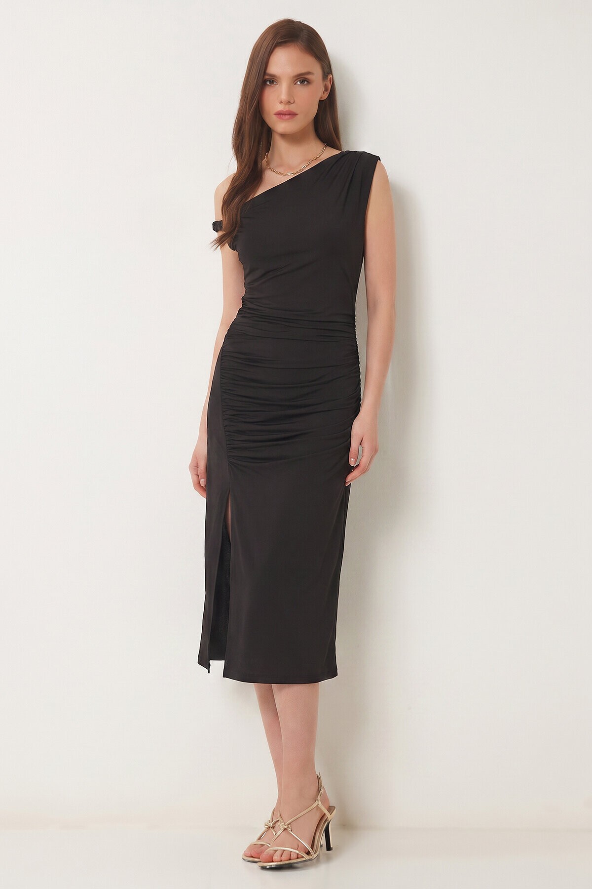 Büzgülü Yazlık Sandy Örme Elbise SİYAH LFW0021