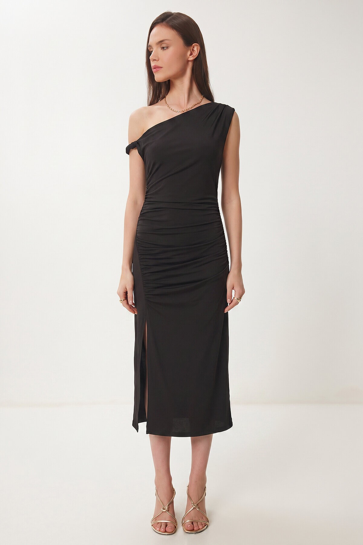 Büzgülü Yazlık Sandy Örme Elbise SİYAH LFW0021