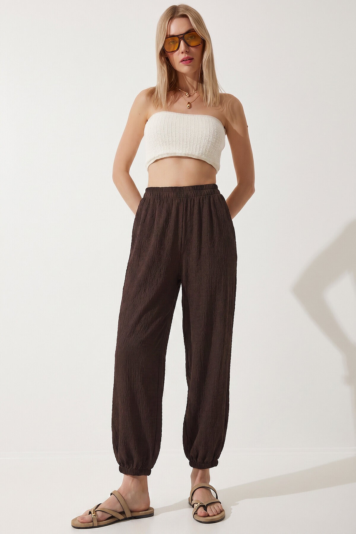Cepli Rahat Krinkıl Şalvar Pantolon KAHVERENGİ LFW0024