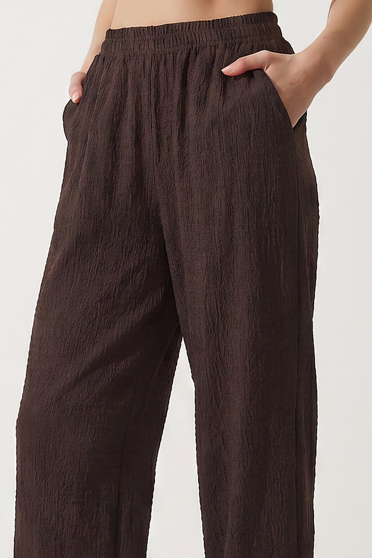 Cepli Rahat Krinkıl Şalvar Pantolon KAHVERENGİ LFW0024