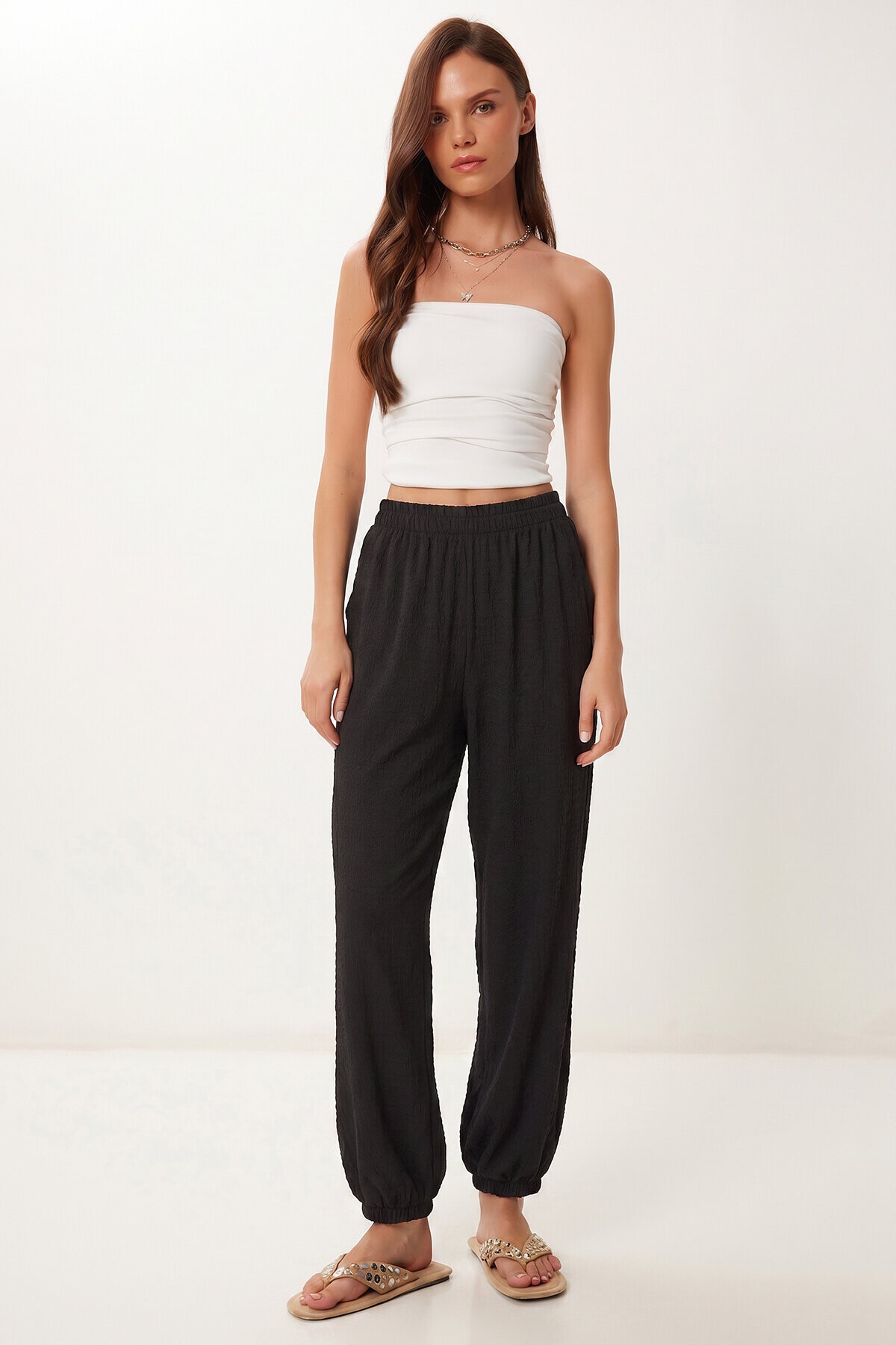 Cepli Rahat Krinkıl Şalvar Pantolon SİYAH LFW0024