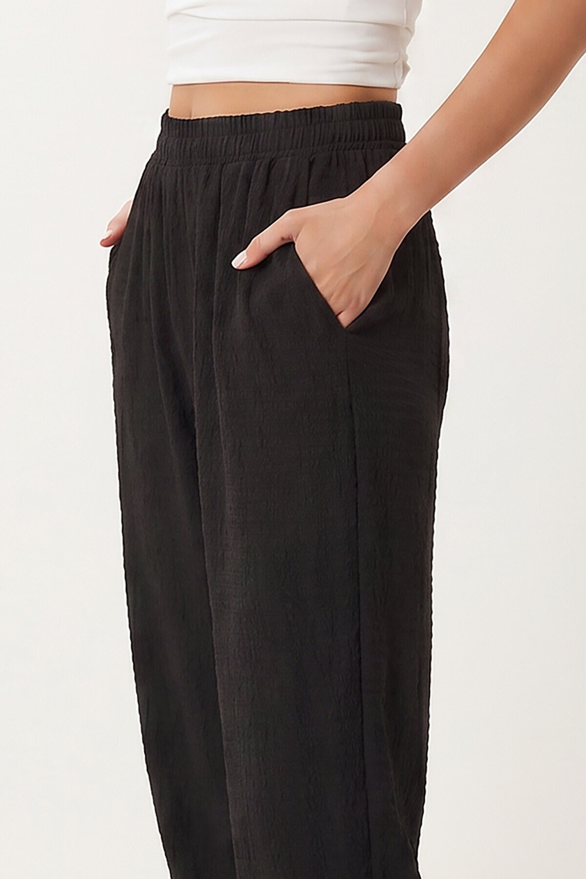 Cepli Rahat Krinkıl Şalvar Pantolon SİYAH LFW0024