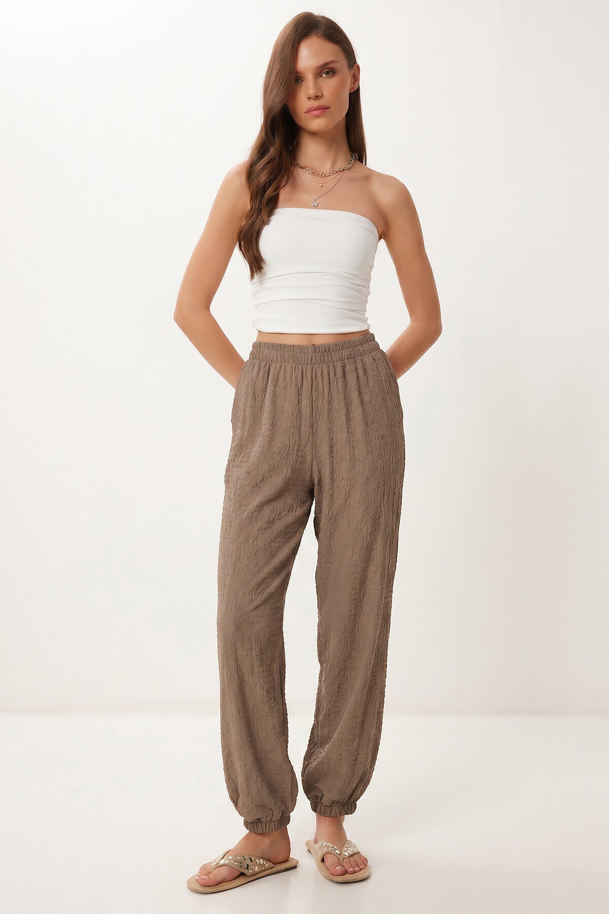 Cepli Rahat Krinkıl Şalvar Pantolon VİZON LFW0024