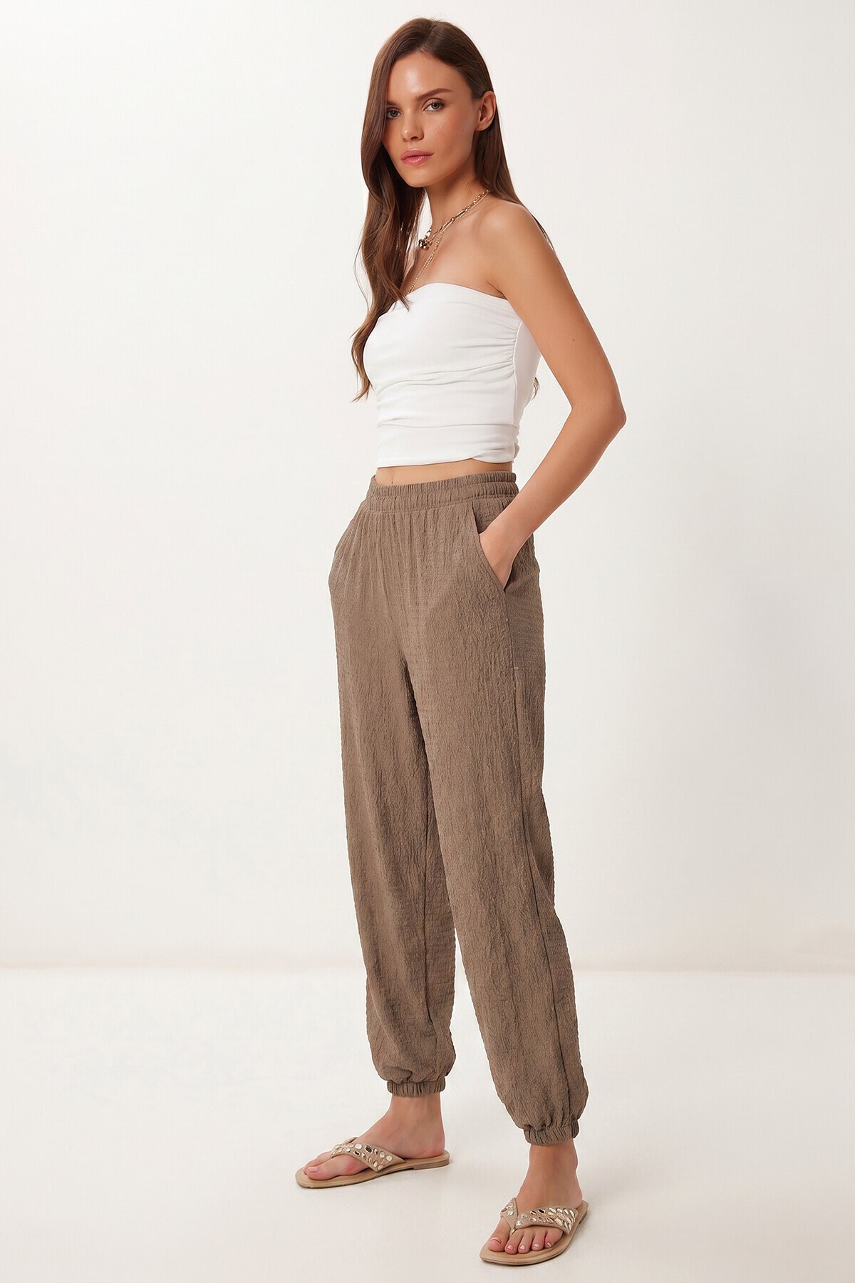 Cepli Rahat Krinkıl Şalvar Pantolon VİZON LFW0024