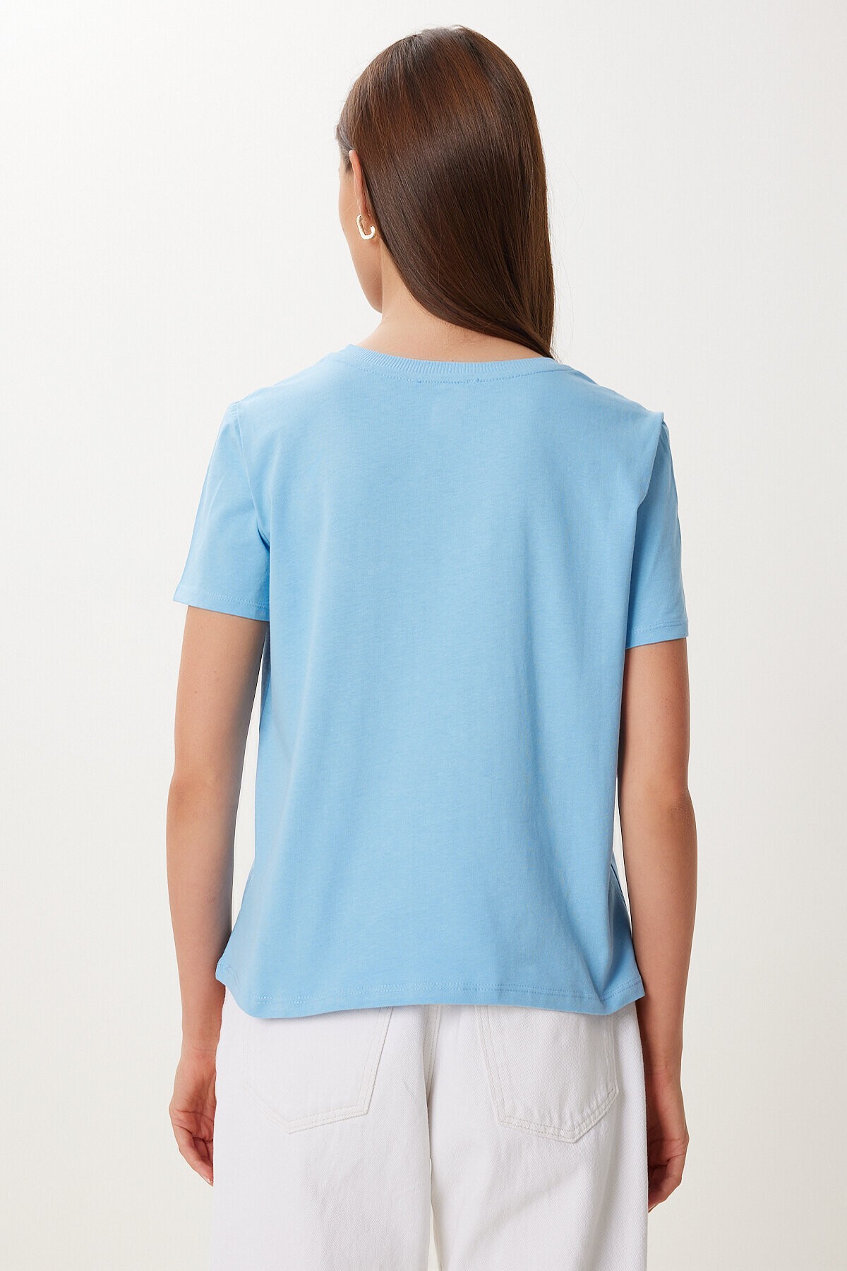 Çiçek Aksesuarlı Pamuklu Esnek Örme T-shirt MAVİ LVW0007