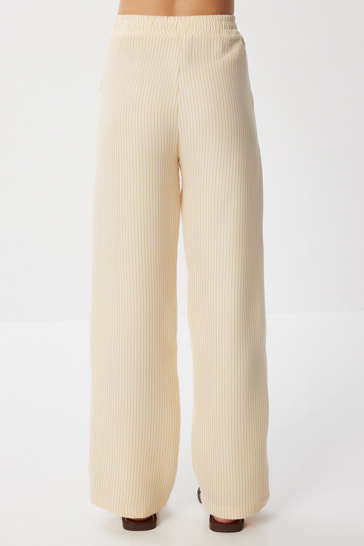Çizgili Cepli Müslin Pantolon SARI KEMİK LYY0110