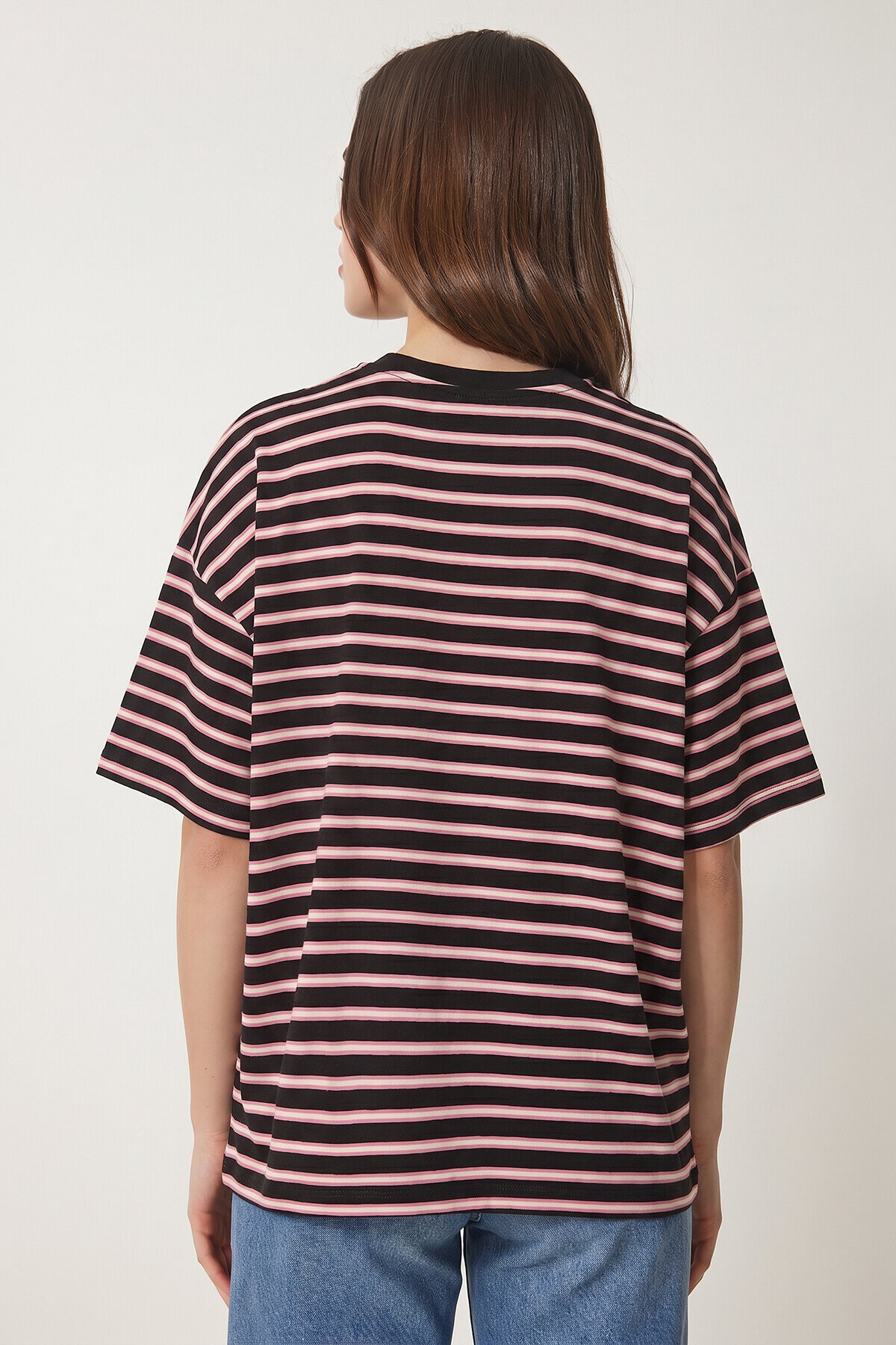 Çizgili Oversize Örme T-shirt KAHVERENGİ LCR0124