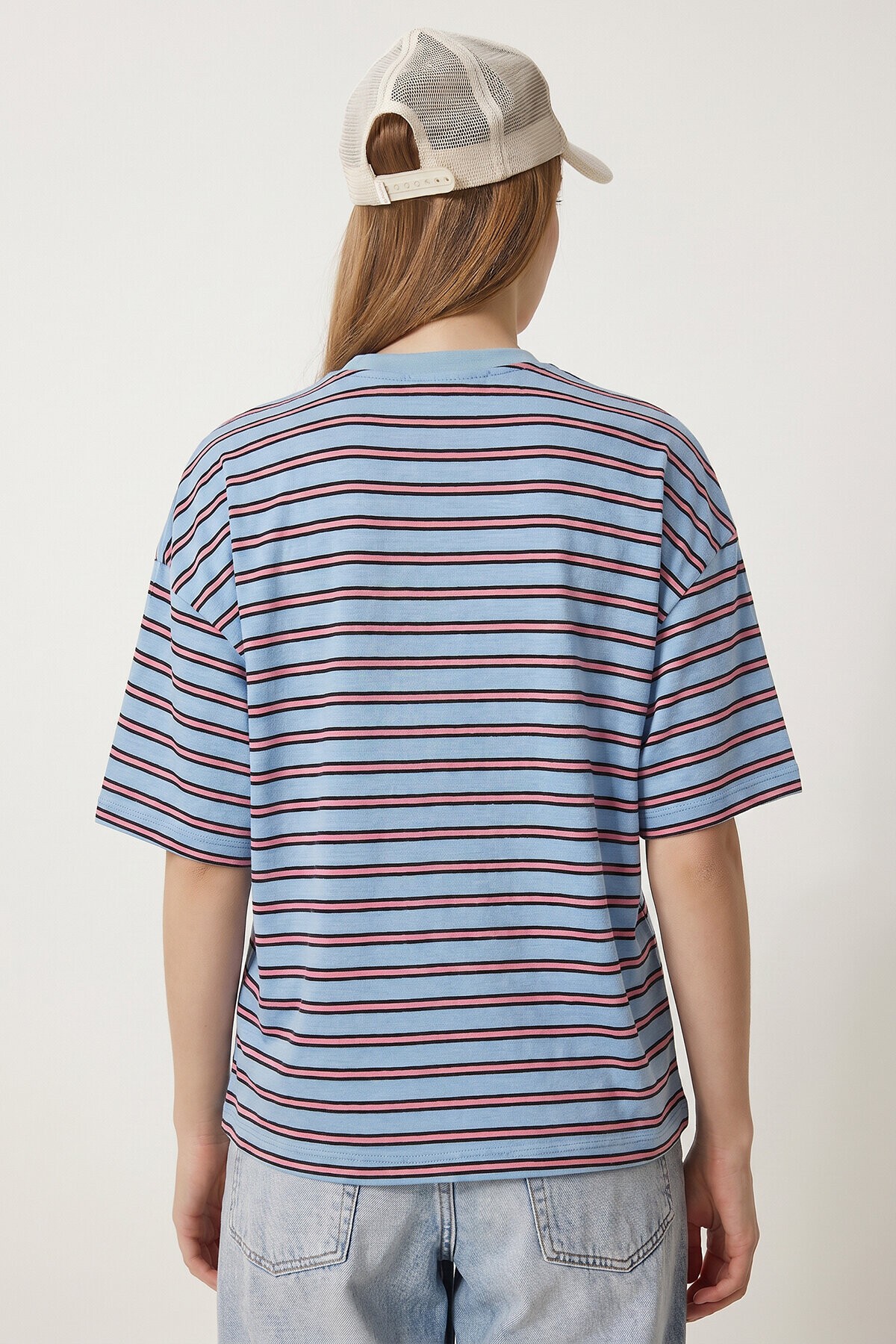 Çizgili Oversize Örme T-shirt MAVİ LCR0124