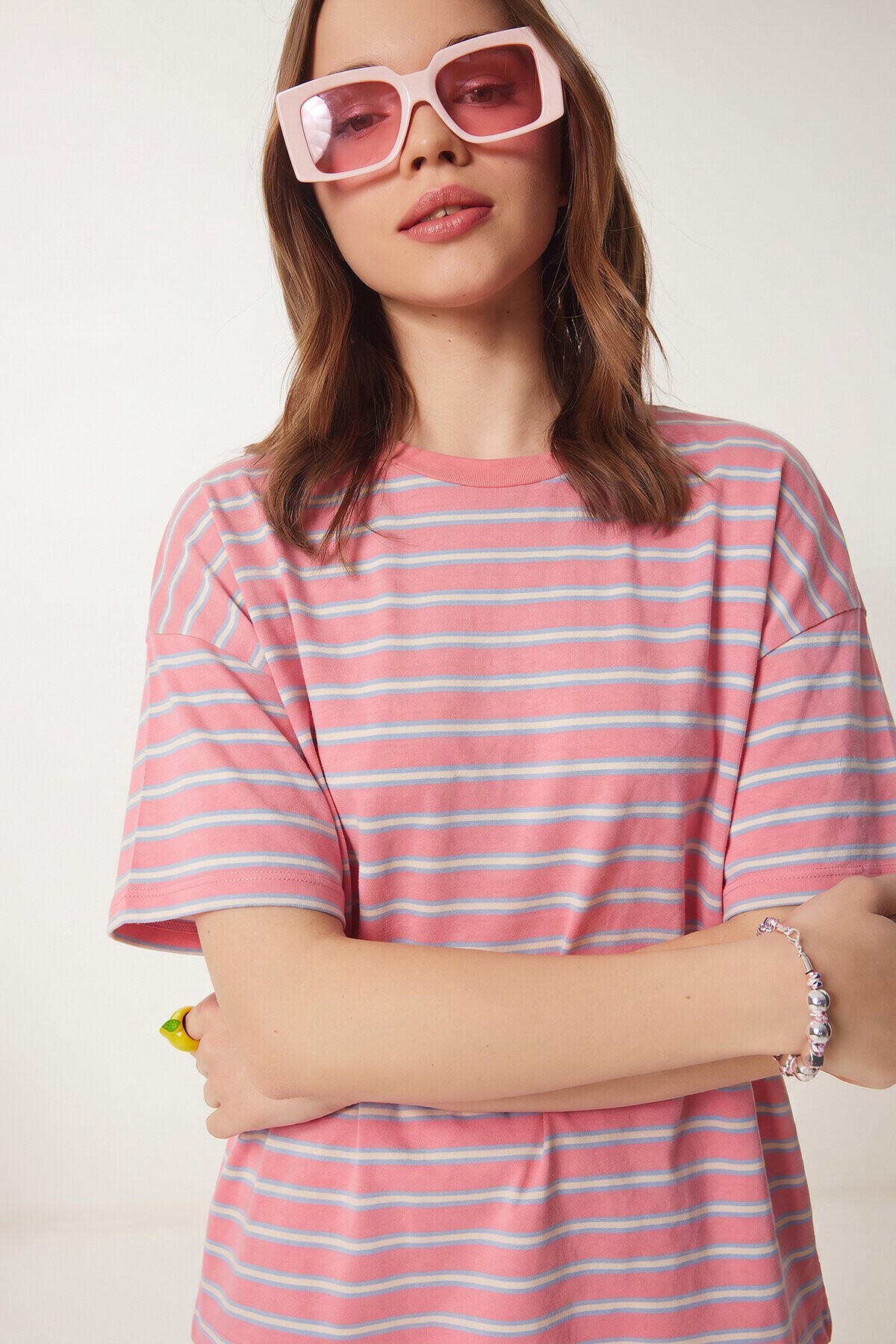 Çizgili Oversize Örme T-shirt PEMBE LCR0124