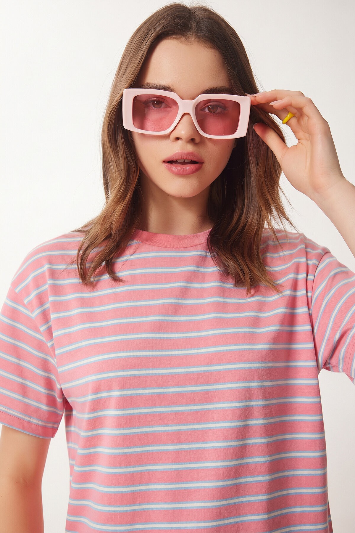 Çizgili Oversize Örme T-shirt PEMBE LCR0124