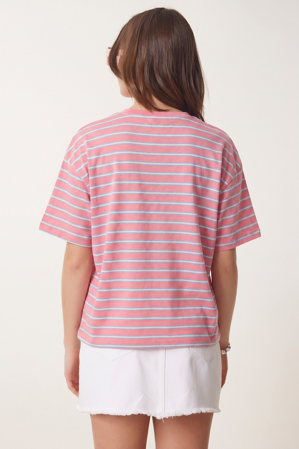 Çizgili Oversize Örme T-shirt PEMBE LCR0124