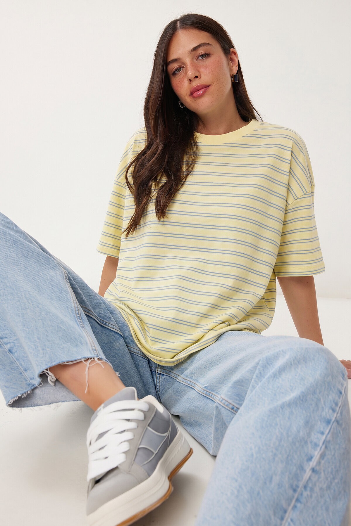 Çizgili Oversize Örme T-shirt SARI LCR0124