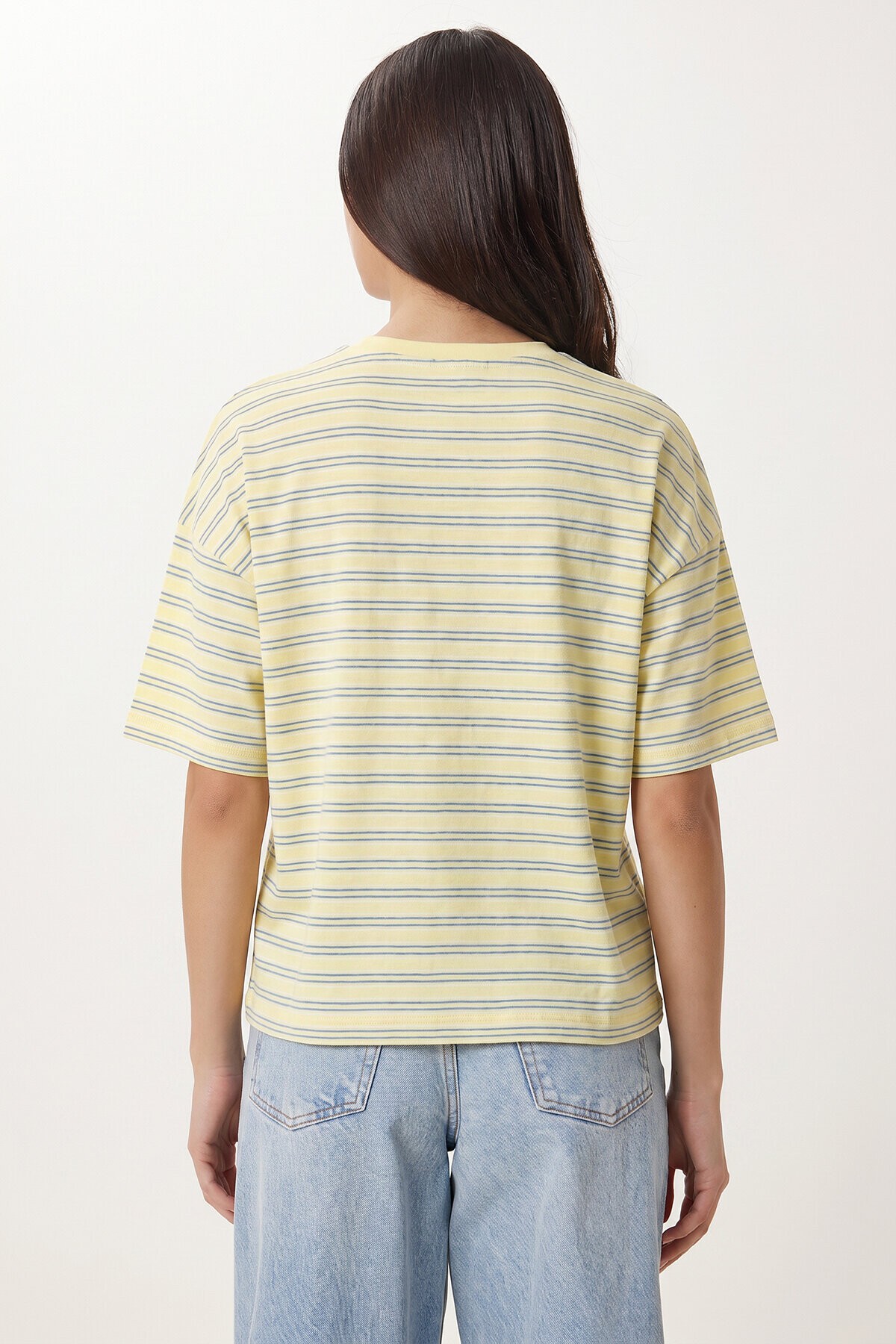 Çizgili Oversize Örme T-shirt SARI LCR0124