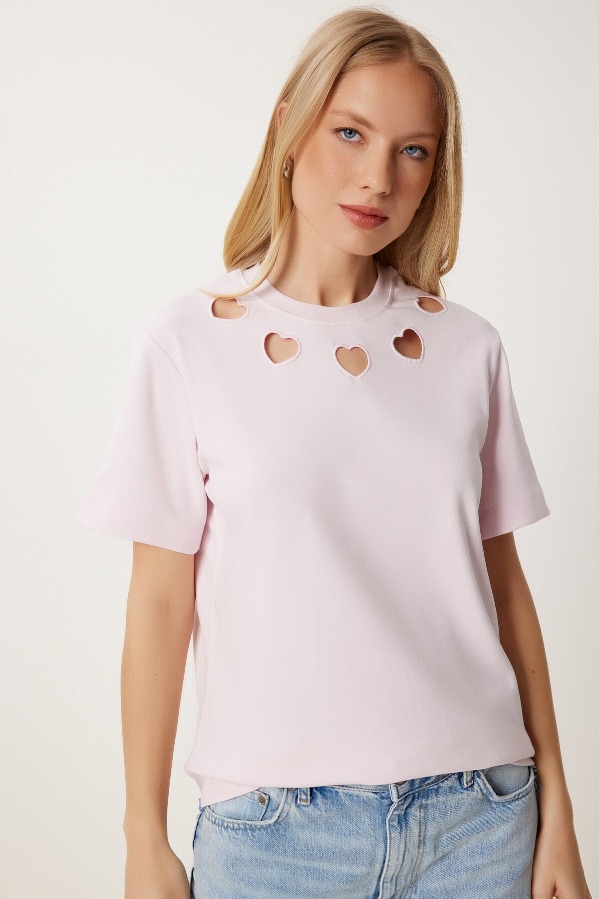 Cut Out Detaylı Pamuklu Örme T-shirt ŞEKER PEMBE LUS0155