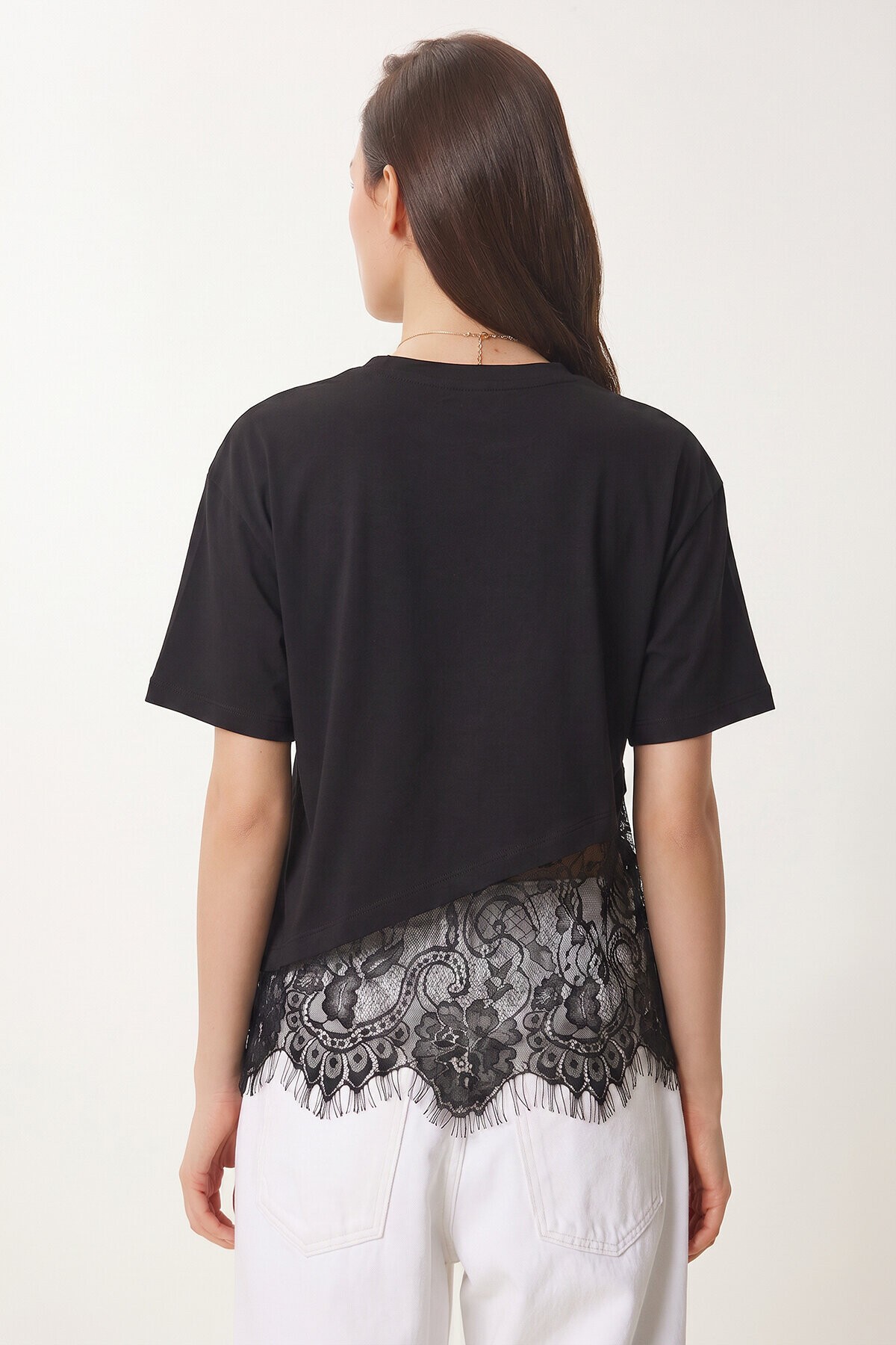 Dantel Detaylı Oversize Örme T-shirt SİYAH LCR0125