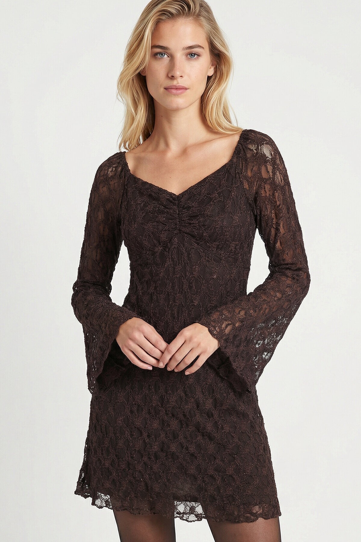 Dantel Mini Bardot Elbise KAHVERENGİ LZV0051