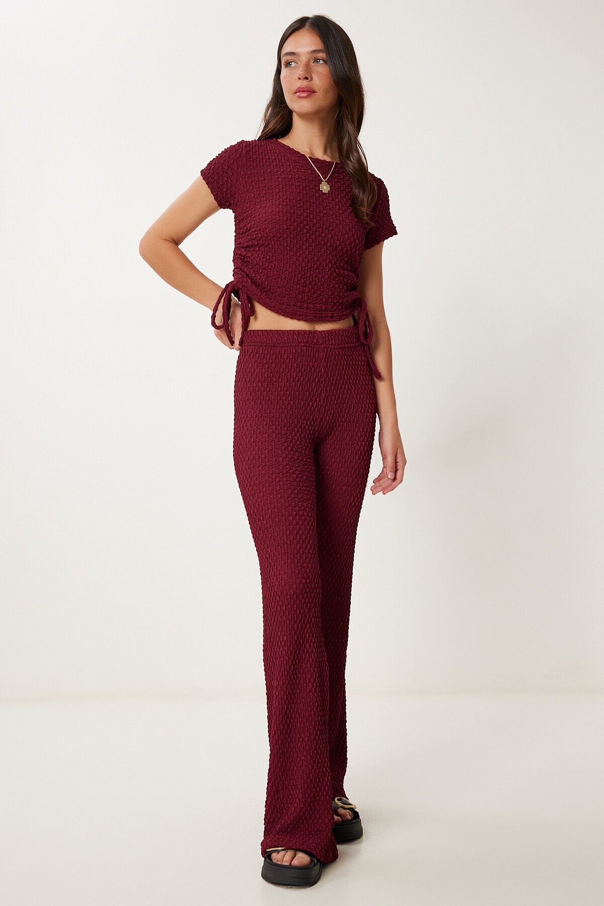 Dokulu Esnek Bluz Pantolon Takım BORDO LZV0011