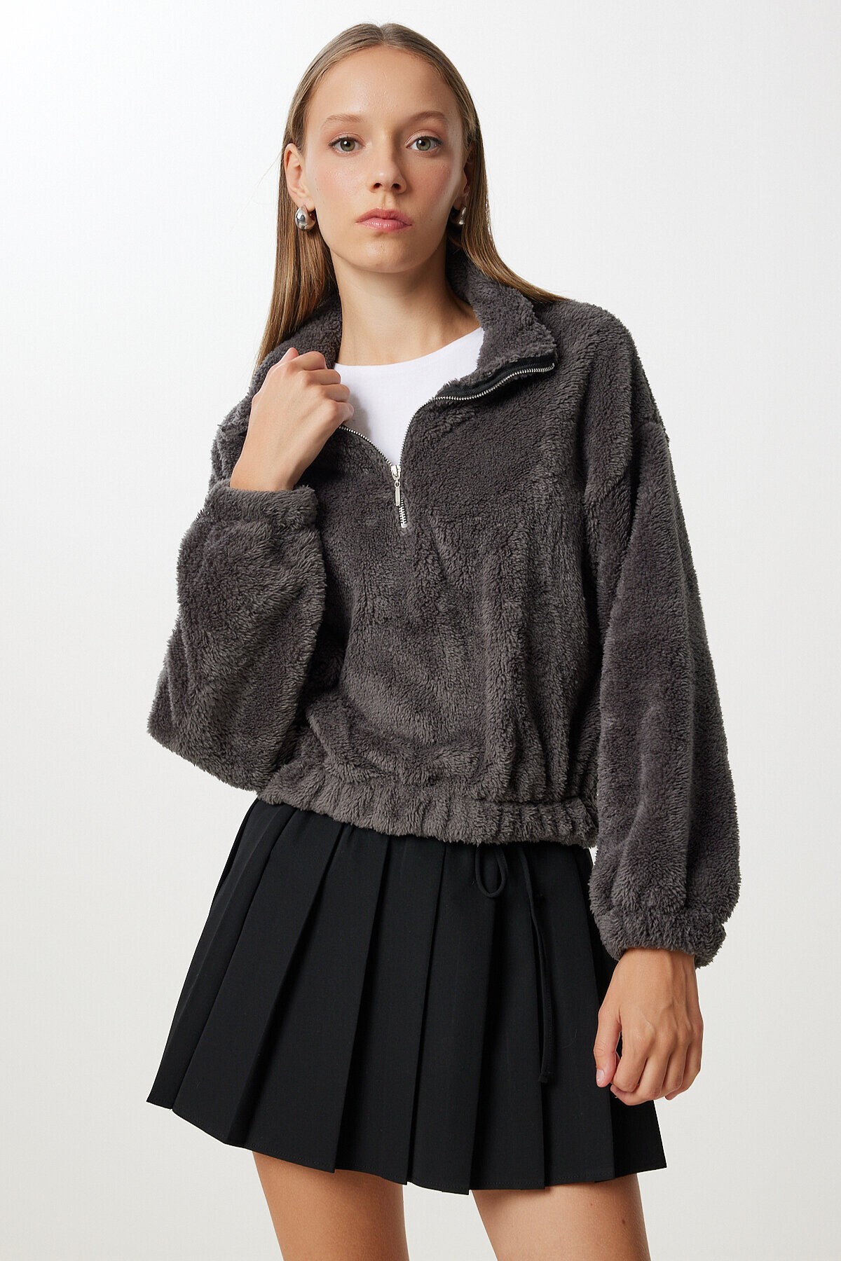 Fermuarlı Peluş Sweatshirt ANTRASİT LZV0019