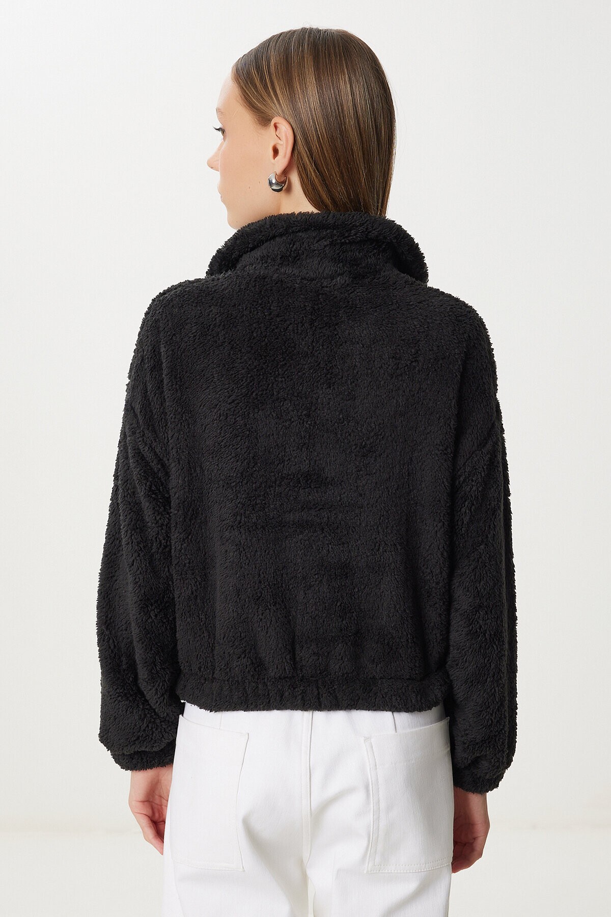 Fermuarlı Peluş Sweatshirt SİYAH LZV0019