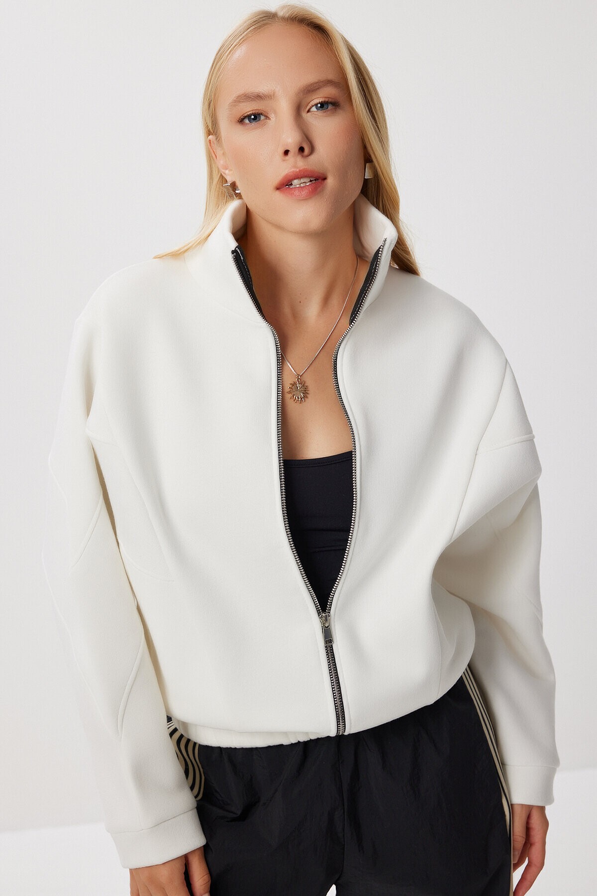 Fermuarlı Şardonlu Örme Sweatshirt EKRU LZV0029