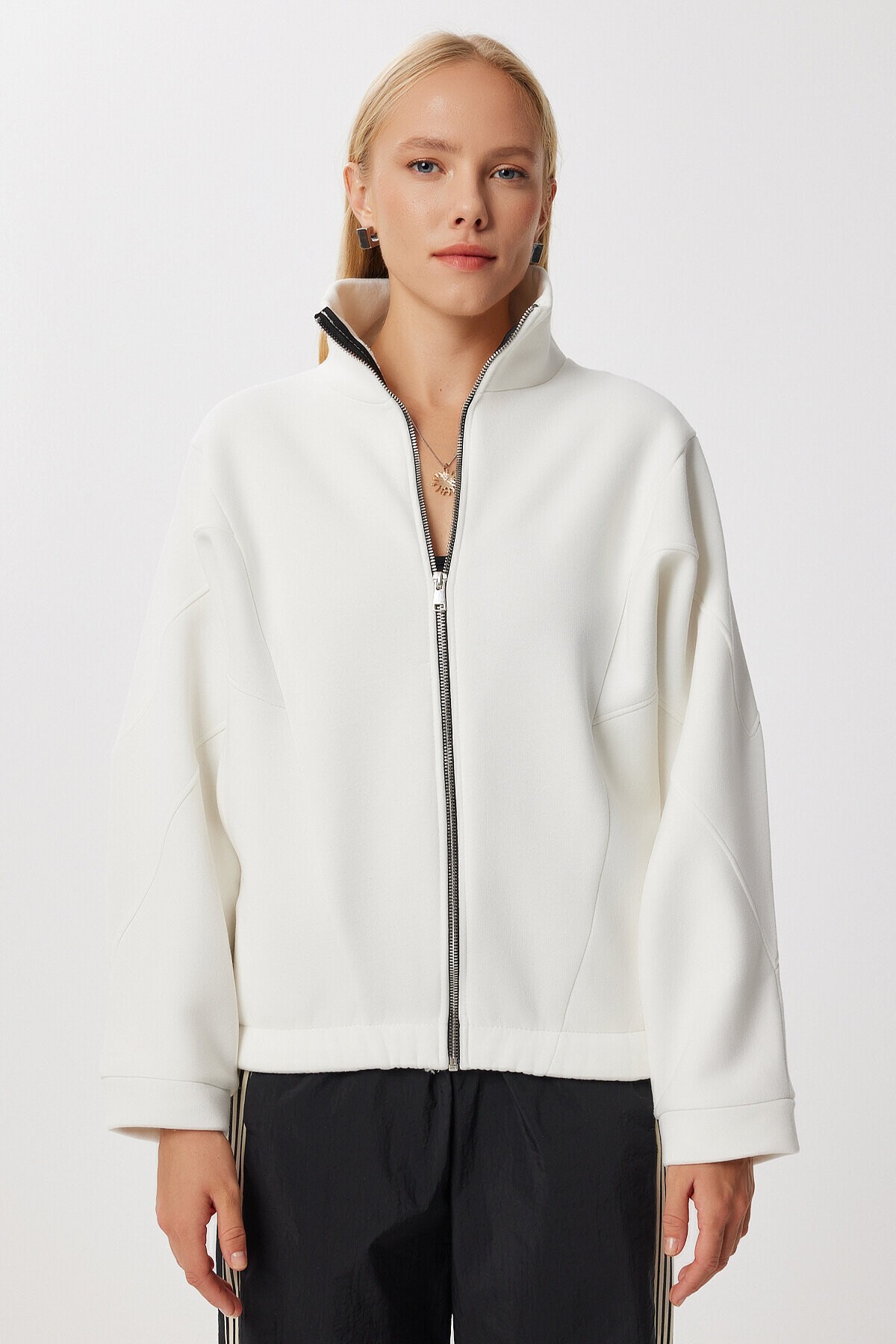 Fermuarlı Şardonlu Örme Sweatshirt EKRU LZV0029