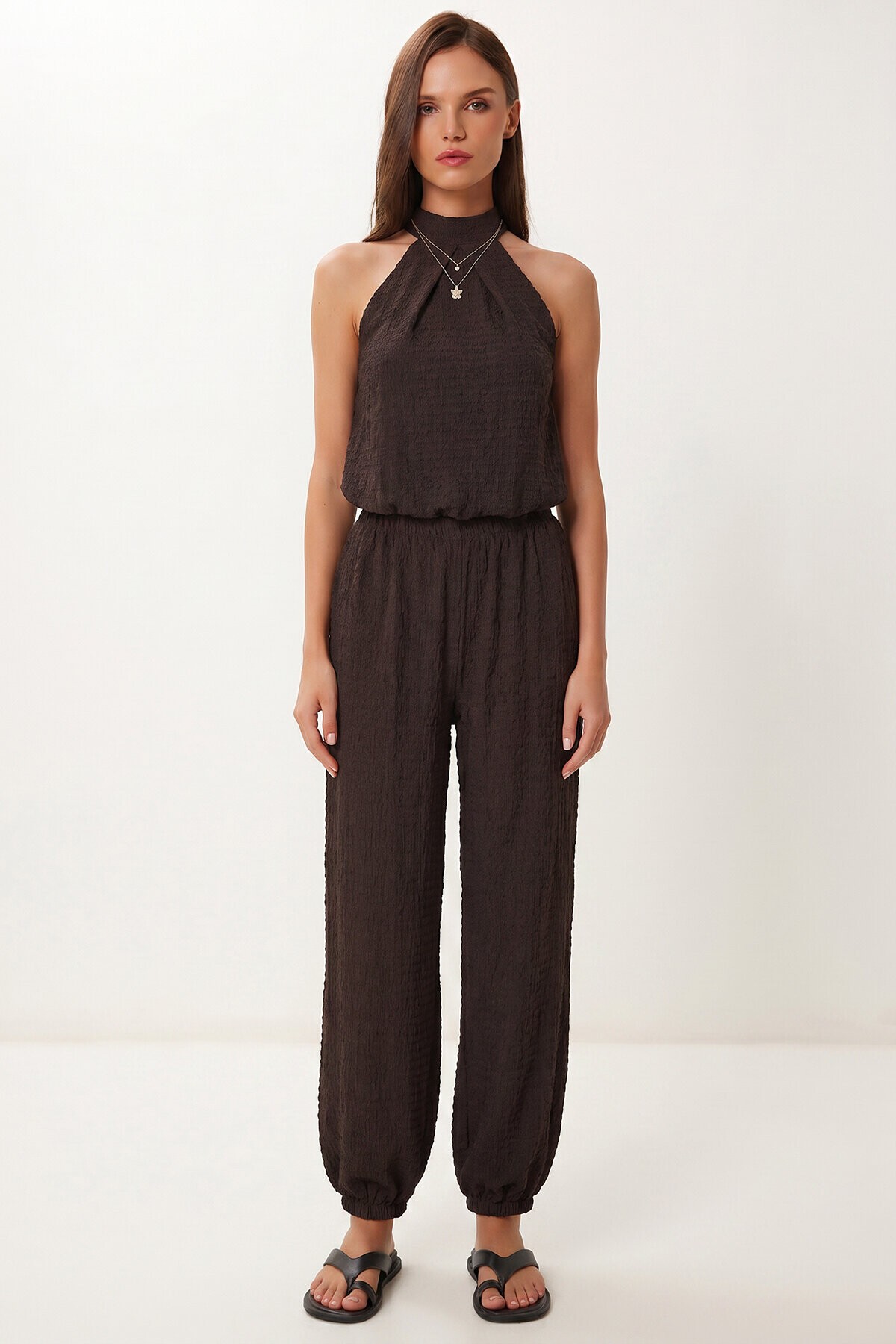 Halter Yaka Bluz Pantolon Krinkıl Takım KAHVERENGİ LFW0027