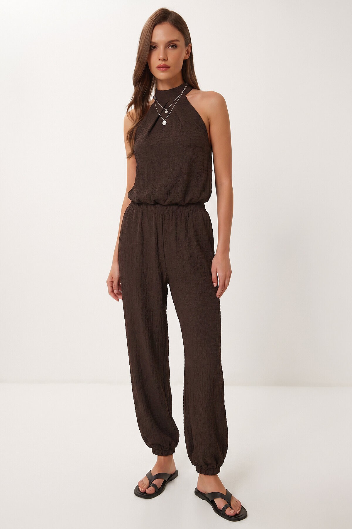 Halter Yaka Bluz Pantolon Krinkıl Takım KAHVERENGİ LFW0027