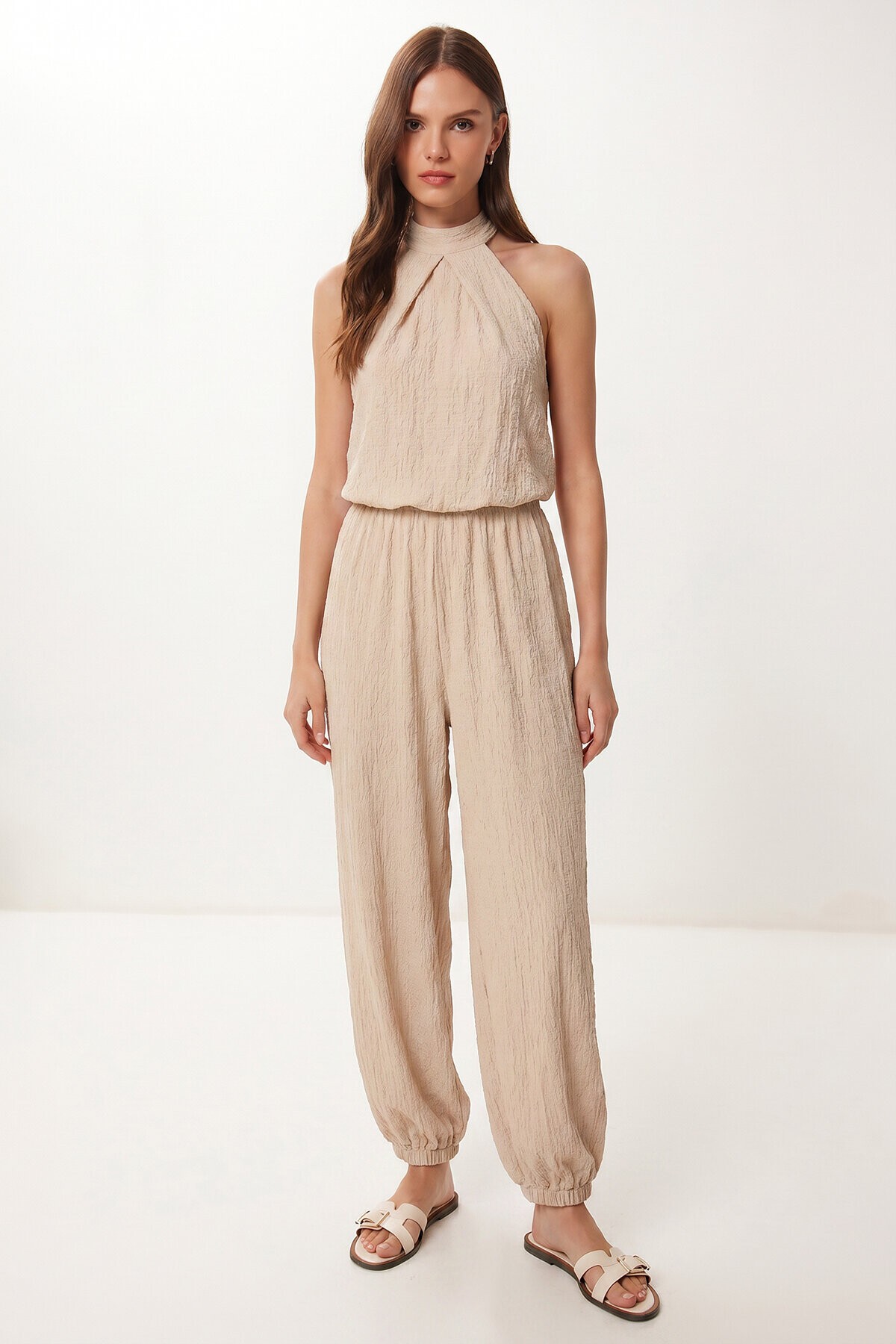 Halter Yaka Bluz Pantolon Krinkıl Takım KREM LFW0027