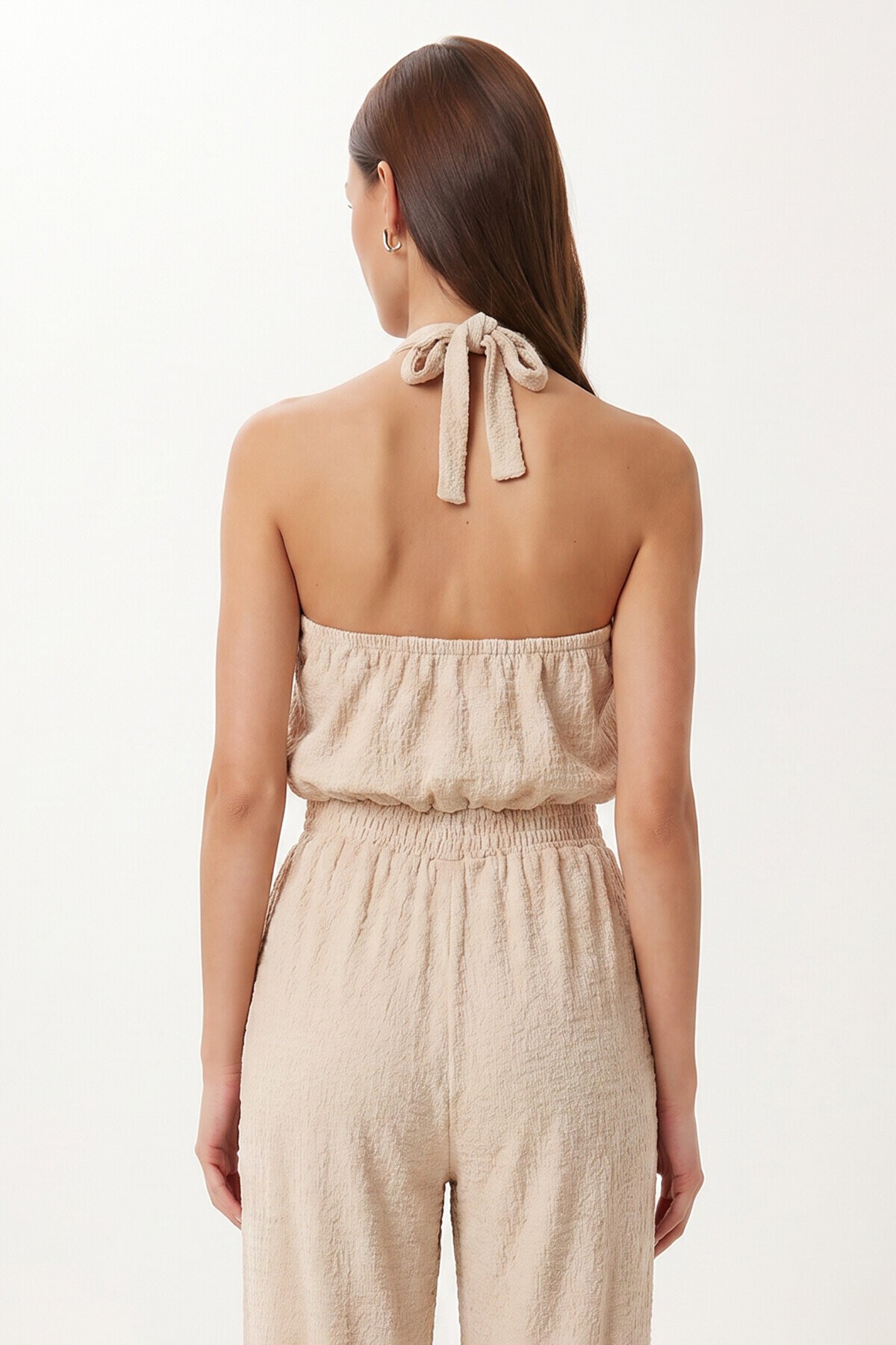 Halter Yaka Bluz Pantolon Krinkıl Takım KREM LFW0027