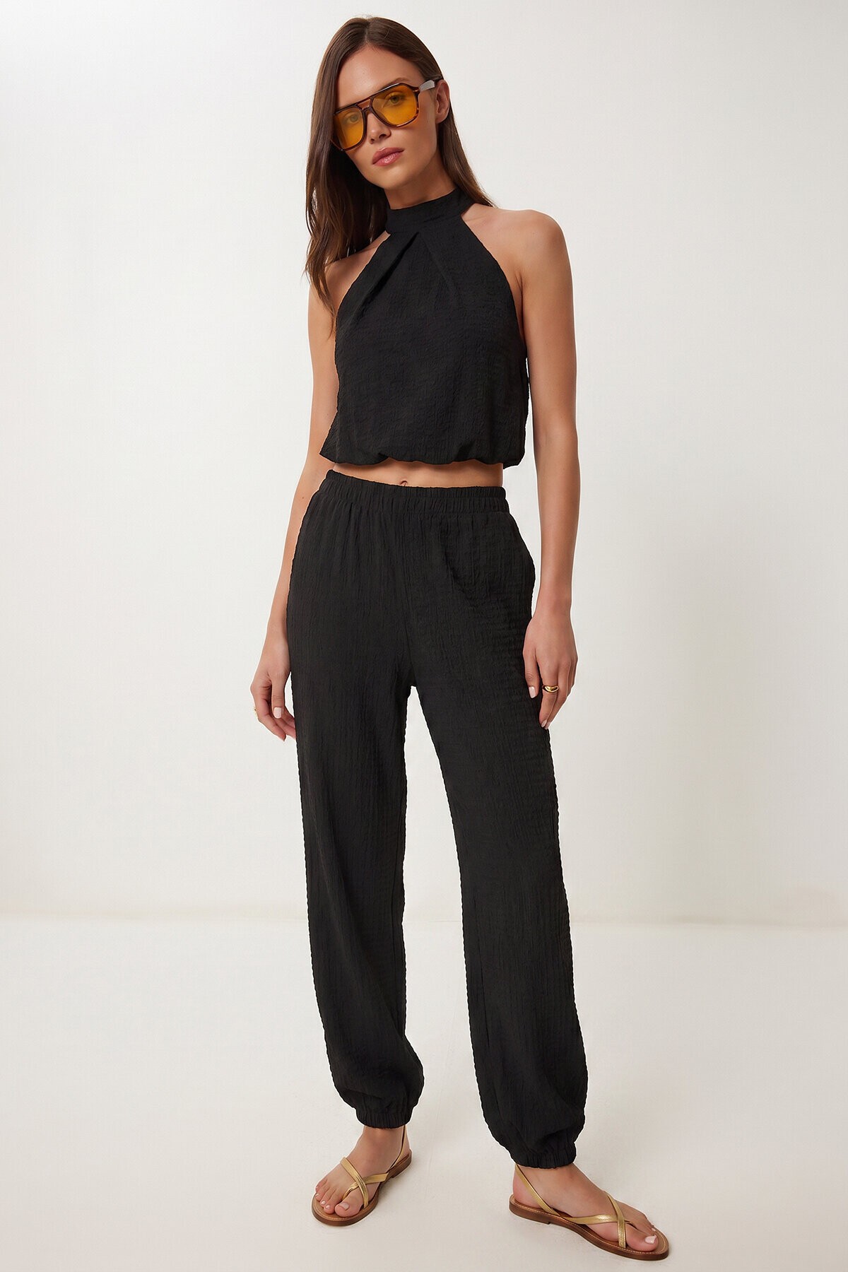 Halter Yaka Bluz Pantolon Krinkıl Takım SİYAH LFW0027