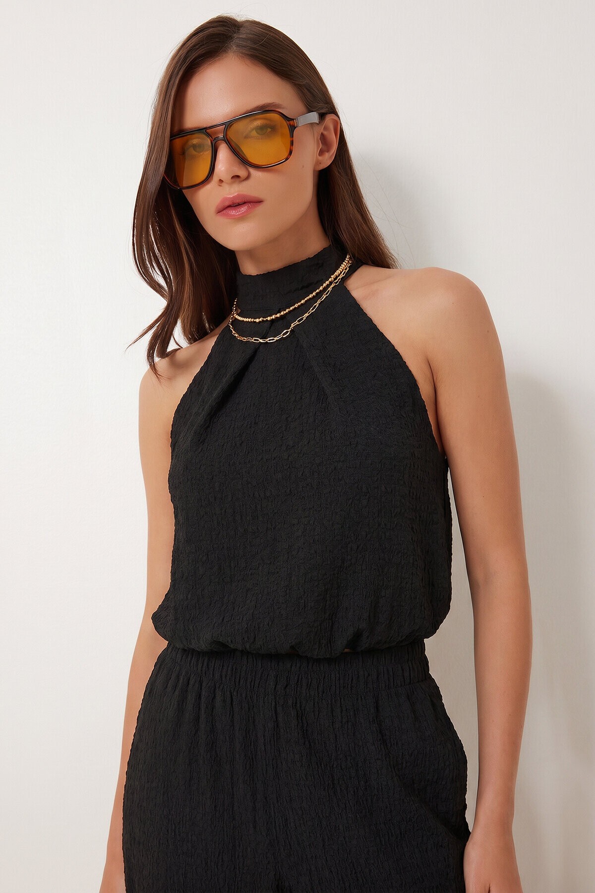Halter Yaka Bluz Pantolon Krinkıl Takım SİYAH LFW0027