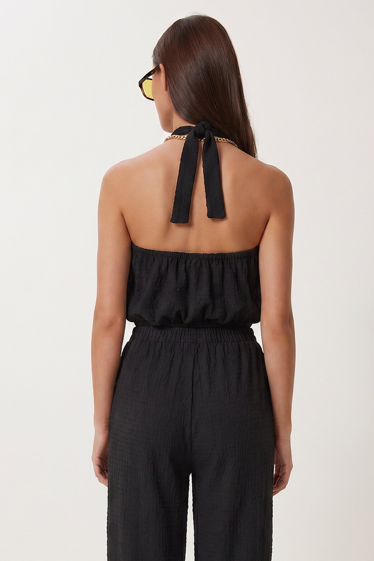 Halter Yaka Bluz Pantolon Krinkıl Takım SİYAH LFW0027
