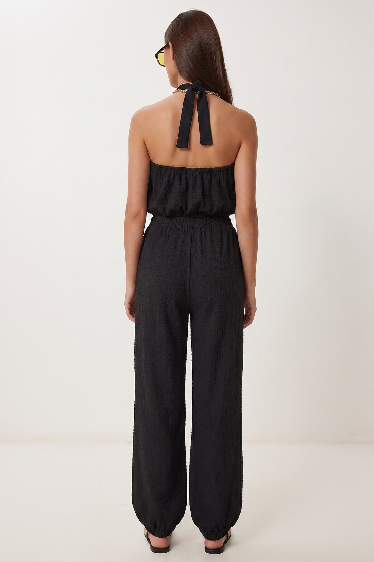 Halter Yaka Bluz Pantolon Krinkıl Takım SİYAH LFW0027