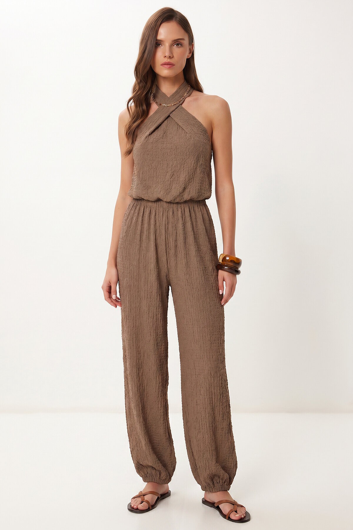 Halter Yaka Bluz Pantolon Krinkıl Takım VİZON LFW0027