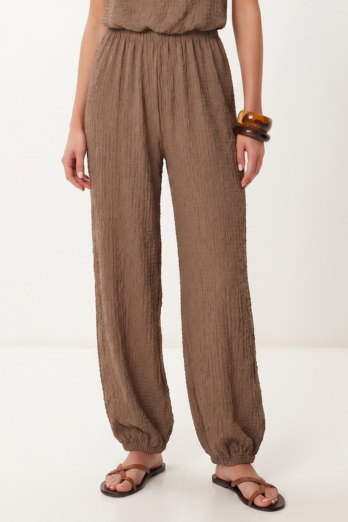 Halter Yaka Bluz Pantolon Krinkıl Takım VİZON LFW0027
