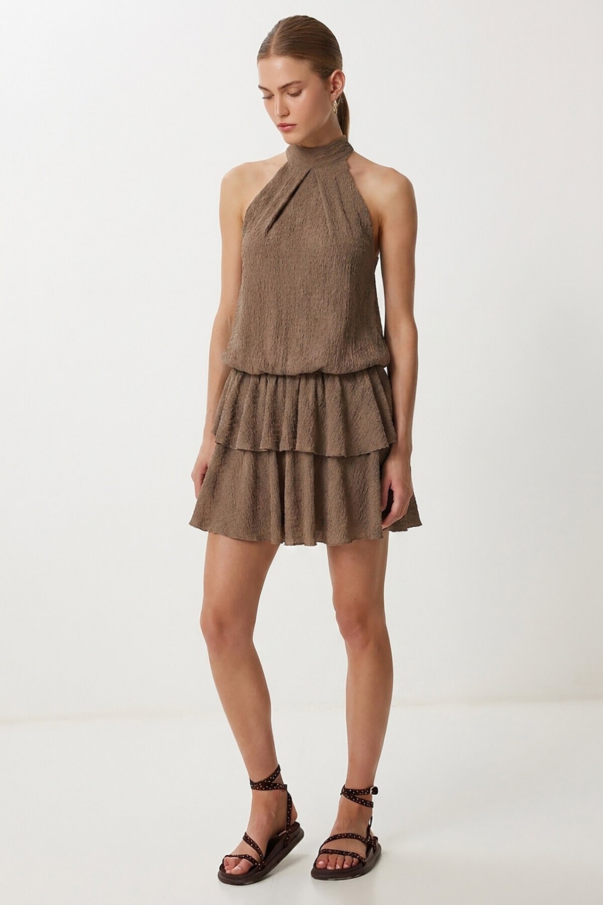 Halter Yaka Katlı Mini Krinkıl Örme Elbise VİZON LFW0022
